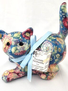 Patchwork Cat Figurine Joan Baker Kitty Kitten Cat Lover Porcelain Floral Vtg